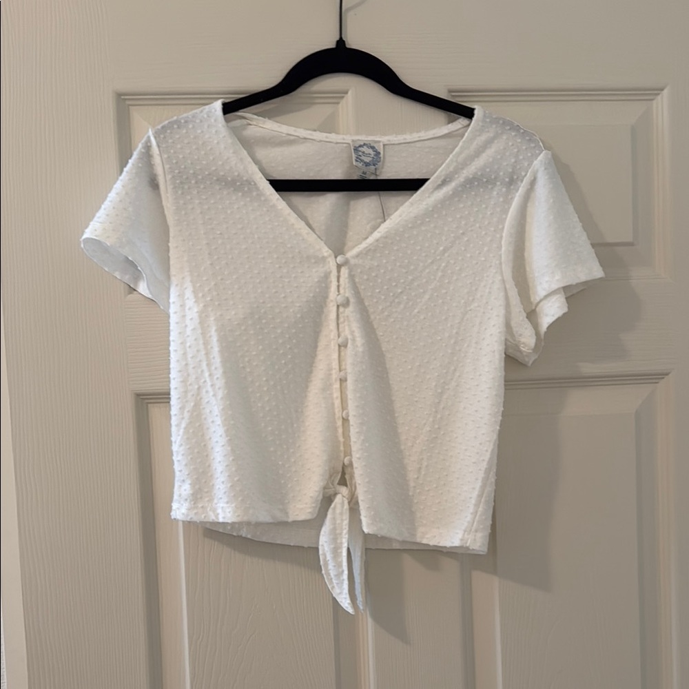 White Textured Tie-Front Top